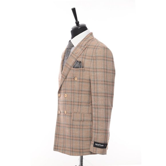 Slim Fit Plaid Jacket, Double Breasted Cream/Brown - Picture 4 of 5